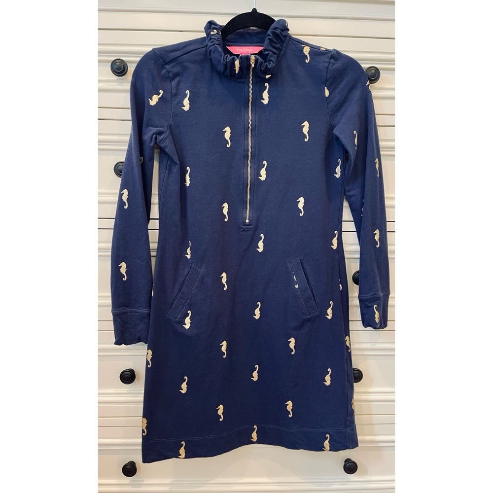 Lilly Pulitzer Skipper Ruffle Dress Navy and Gold Seahorse Foil, Size XXS
